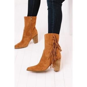 Cocci Boutique Fringe Bootie Boot 8.5 Brown Suede Wood Block Heel Pointy Toe
